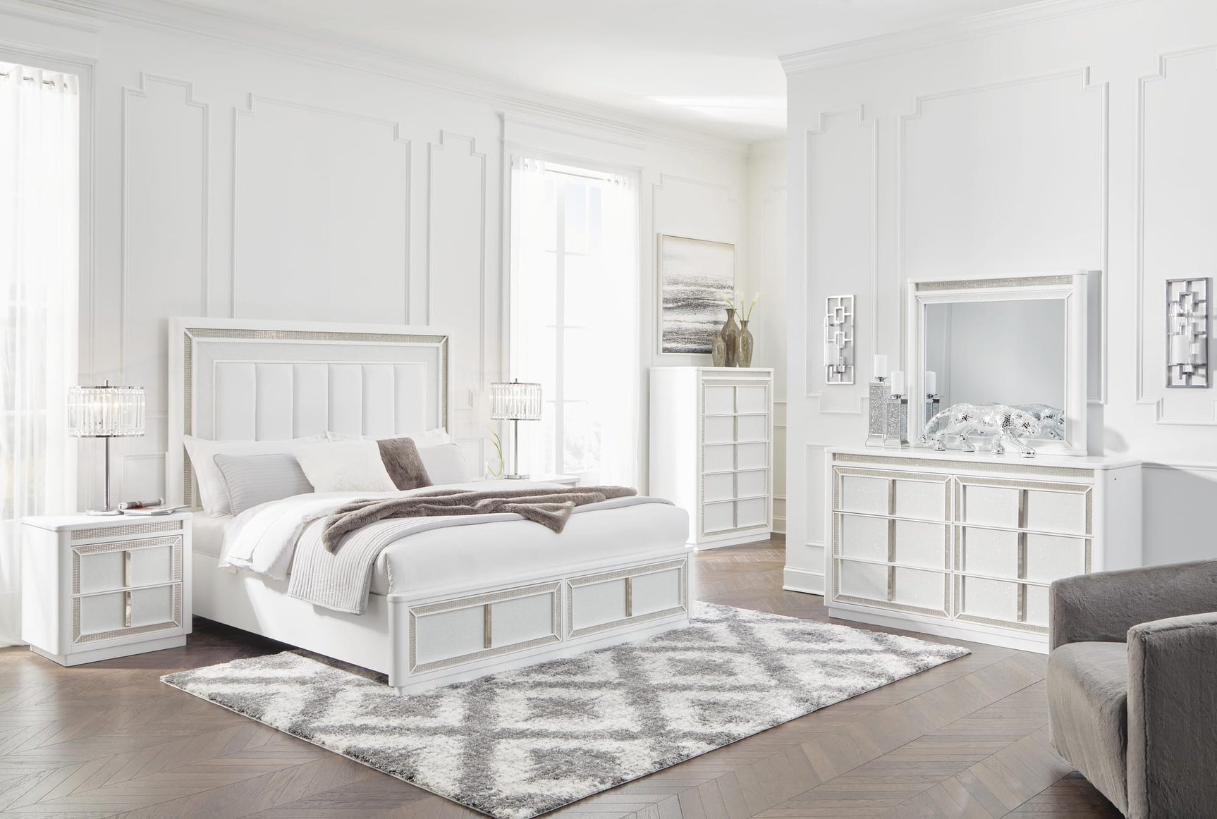 Chalanna White Upholstered Storage Bedroom Set Queen 3: Bed, Dresser, Mirror from Ella Furniture