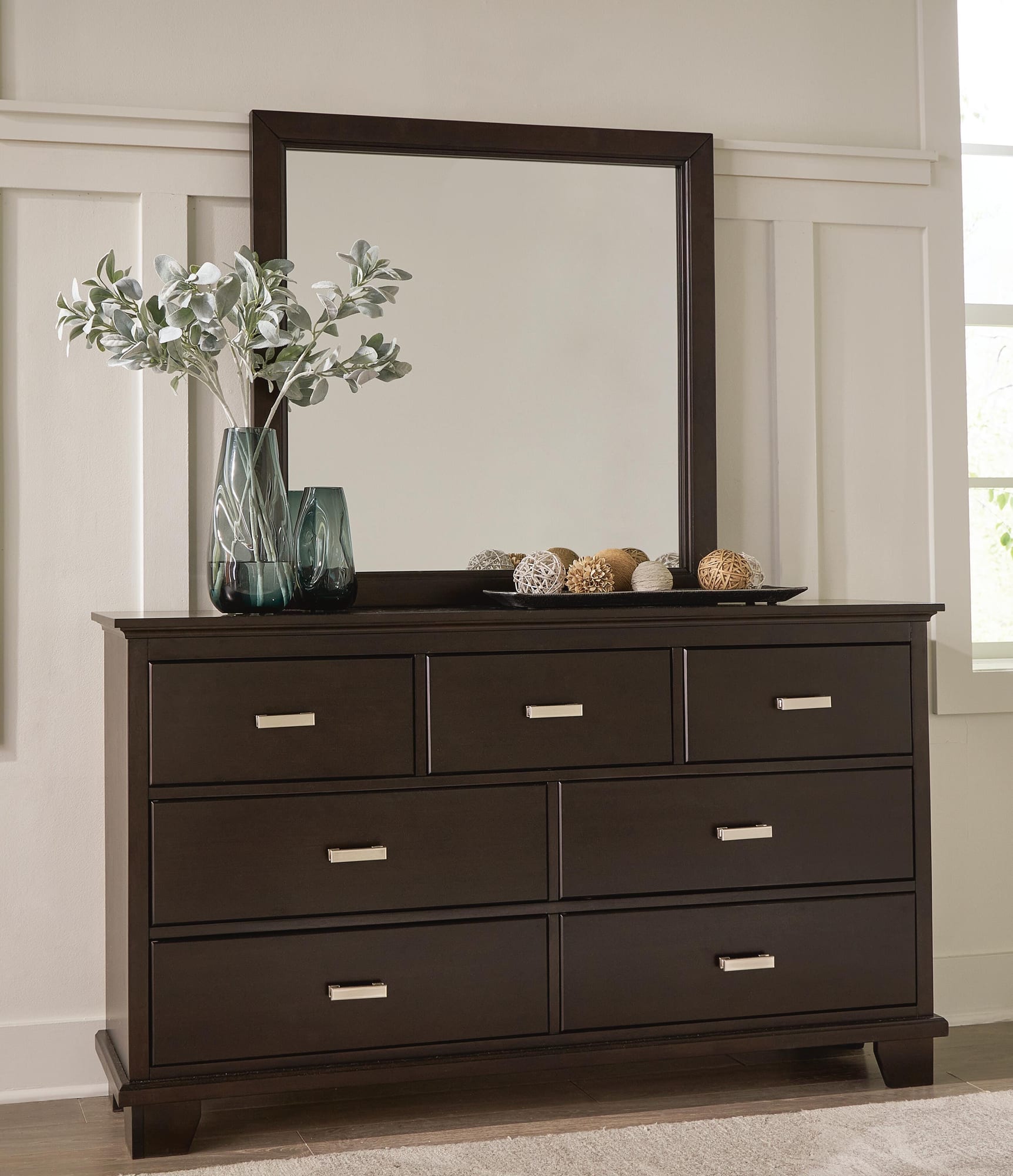 Covetown Dark Brown Panel Bedroom Set Queen 3: Bed, Dresser, Mirror from Ella Furniture