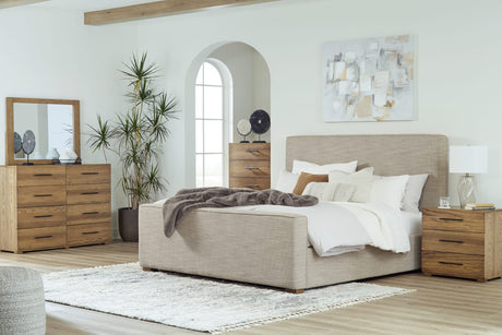 Dakmore Brown Upholstered Panel Bedroom Set King 3: Bed, Dresser, Mirror from Ella Furniture