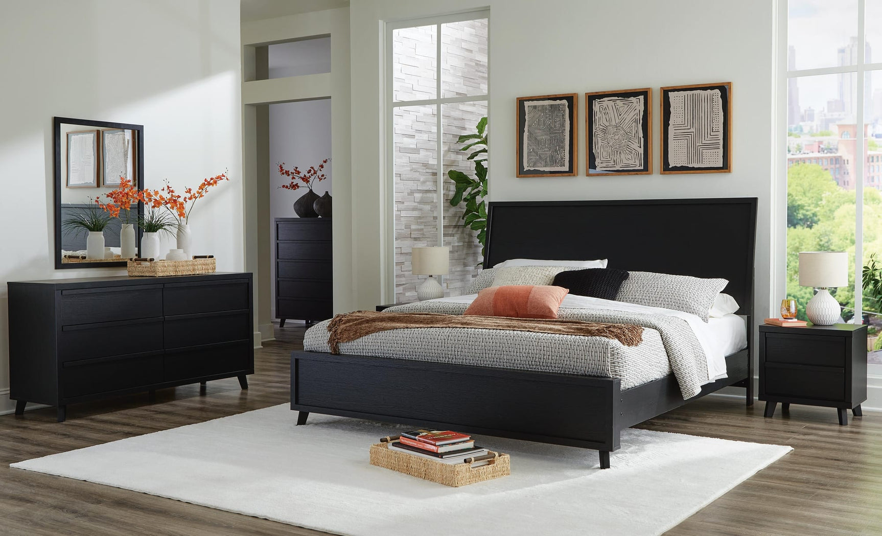 Danziar Black Panel Bedroom Set King 4: Bed, Dresser, Mirror, Chest from Ella Furniture