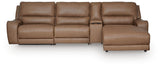 DeepWakes Caramel Leather 4-Piece Reclining Sectional with Chaise and Storage Console view 2