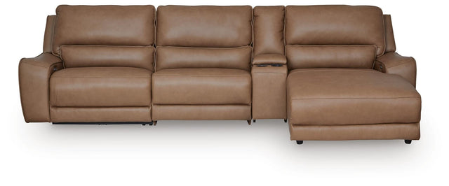 DeepWakes Caramel Leather 4-Piece Reclining Sectional with Chaise and Storage Console view 2