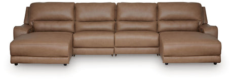 DeepWakes Caramel Leather 4-Piece Reclining Sectional with Double Chaise view 2