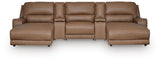 DeepWakes Caramel Leather 5-Piece Reclining Sectional with Double Chaise and Storage Consoles view 2