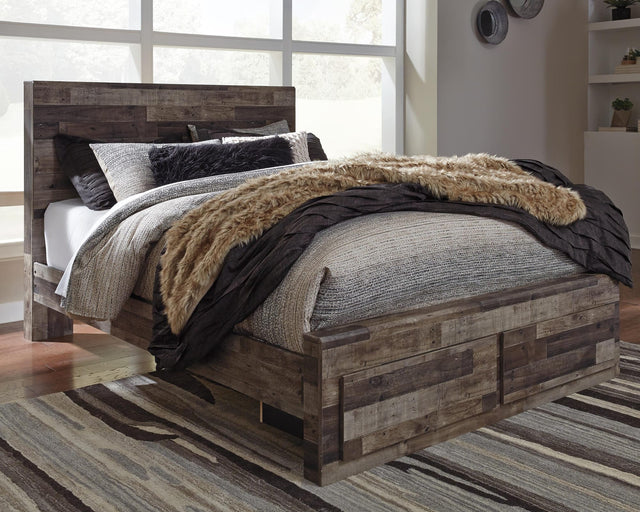Derekson Multi Gray Panel Bedroom Set — 2-Drawer Footboard Storage