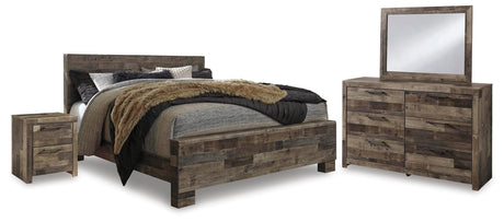 Derekson Multi Gray Panel Bedroom Set King 4: Bed, Dresser, Mirror, NightStand from Ella Furniture