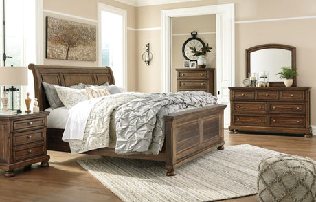 Flynnter Medium Brown Panel 2 Storage Bedroom Set King 3: Bed, Dresser, Mirror from Ella Furniture