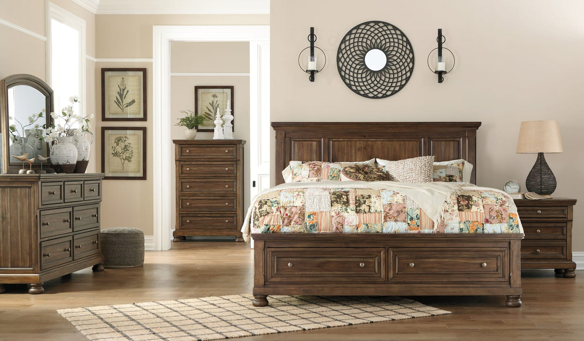 Flynnter Medium Brown Panel Bedroom Set King 3: Bed, Dresser, Mirror from Ella Furniture
