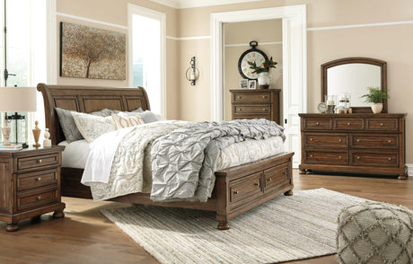 Flynnter Medium Brown Sleigh 2 Storage Bedroom Set King 3: Bed, Dresser, Mirror from Ella Furniture