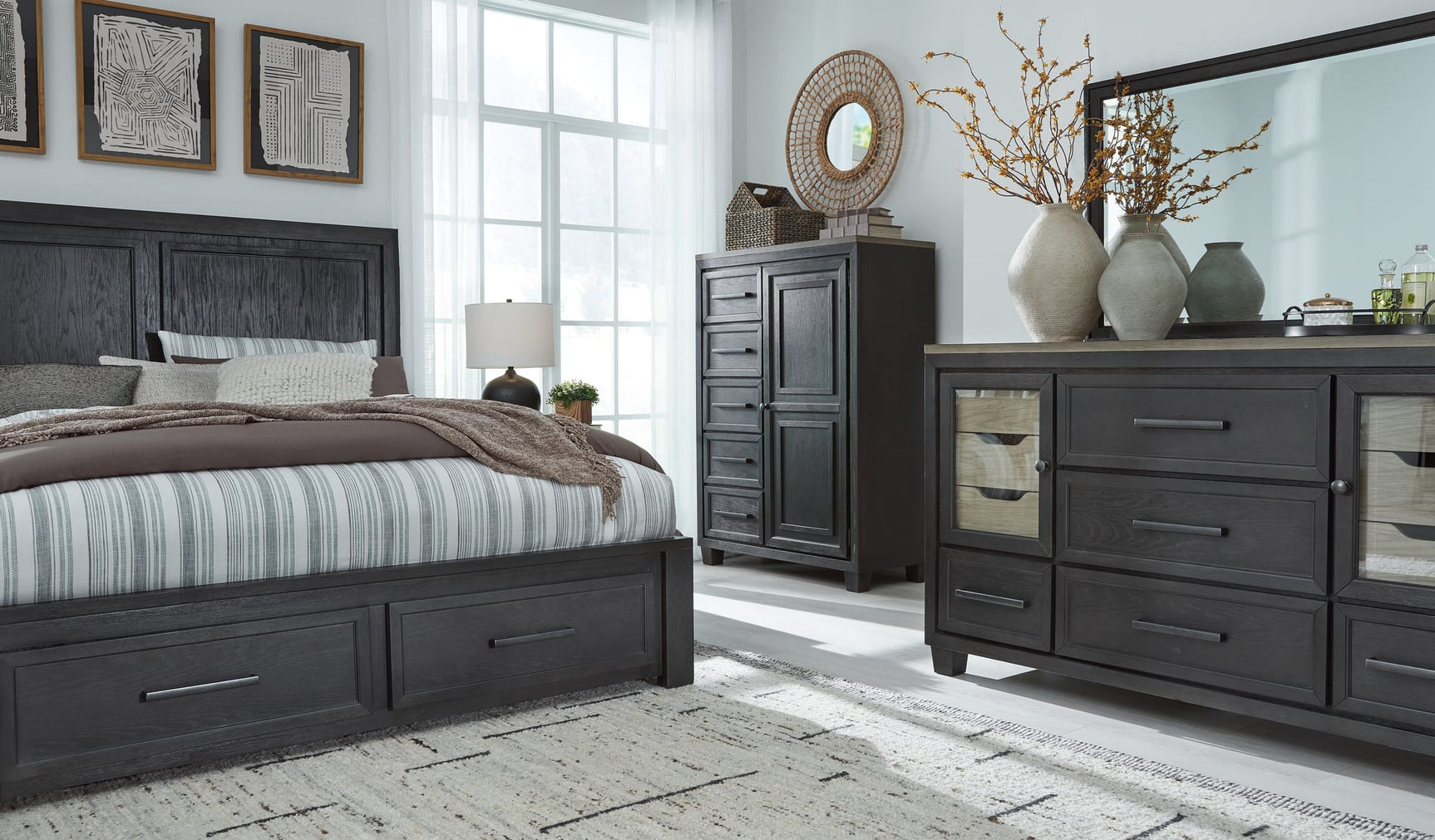 Foyland Black Brown Panel Storage Bedroom Set King 3: Bed, Dresser, Mirror from Ella Furniture
