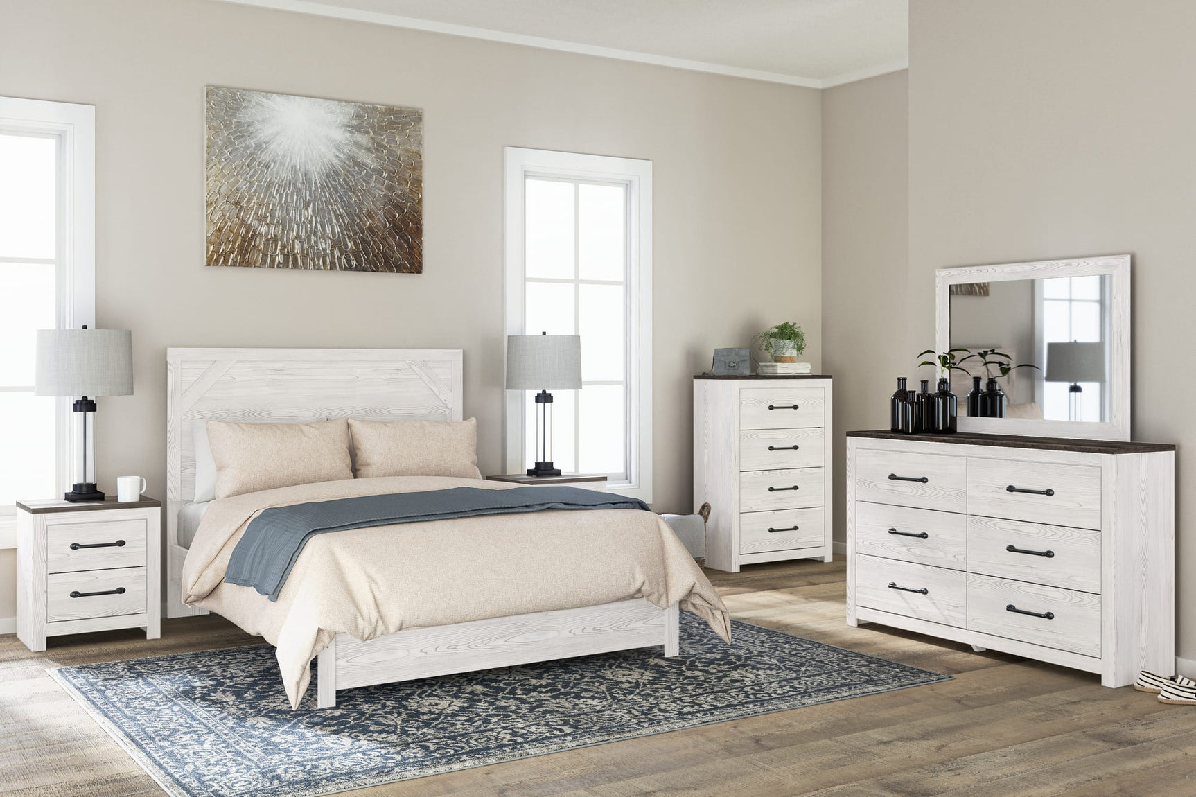 Gerridan White Gray Panel Bedroom Set King 3: Bed, Dresser, Mirror from Ella Furniture