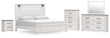 Gerridan White Gray Panel Bedroom Set King 5: Bed, Dresser, Mirror, Chest, NightStand from Ella Furniture