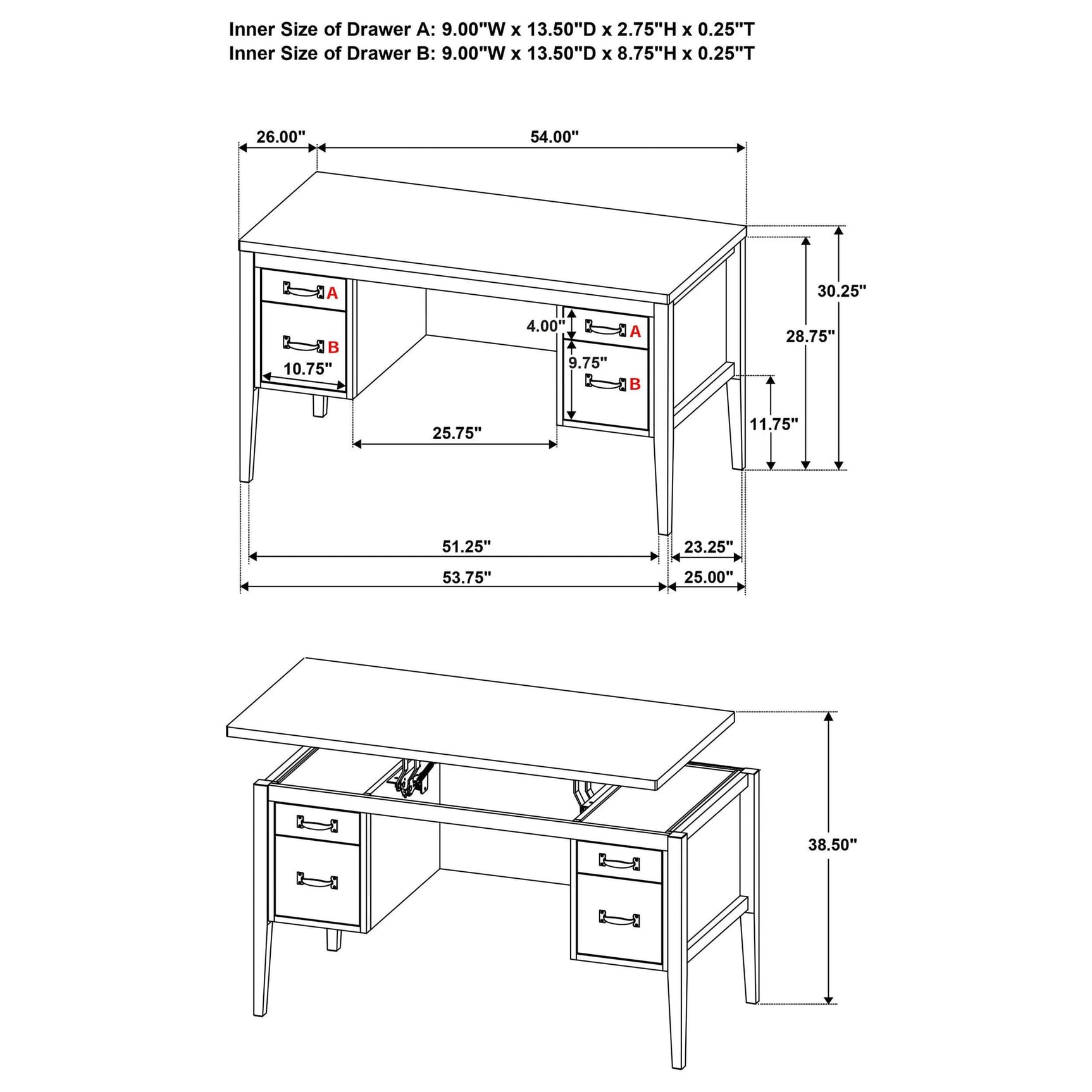 Graham 54-inch 4-drawer Double Pedestal Lift Top Computer Desk Chocolate view 17