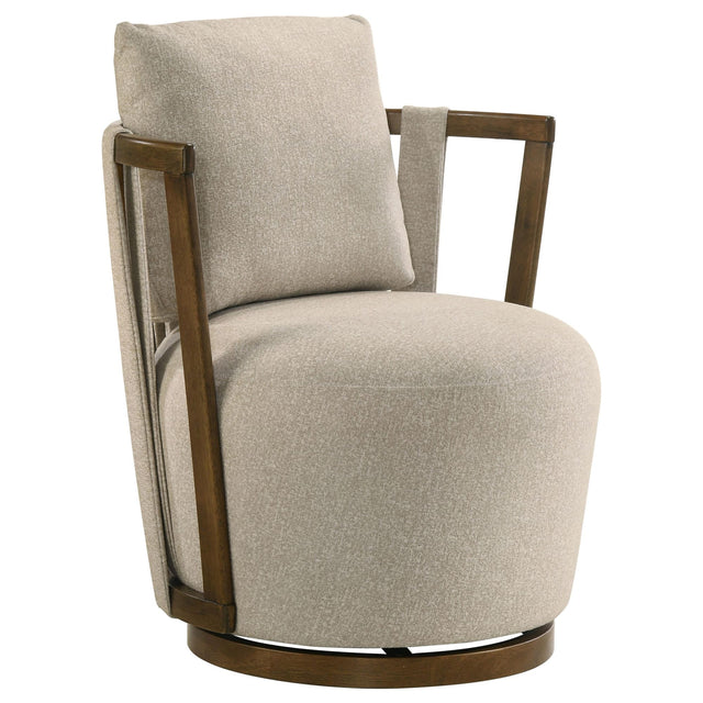 Harlowe Upholstered Swivel Accent Chair with Wood Arms Greige and Brown from Ella Furniture