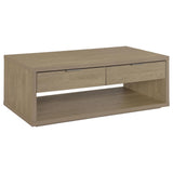 Ingram 2-Drawer Rectangular Coffee Table with Open Shelf Latte from Ella Furniture