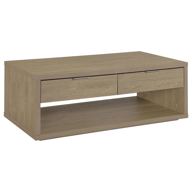 Ingram 2-Drawer Rectangular Coffee Table with Open Shelf Latte from Ella Furniture