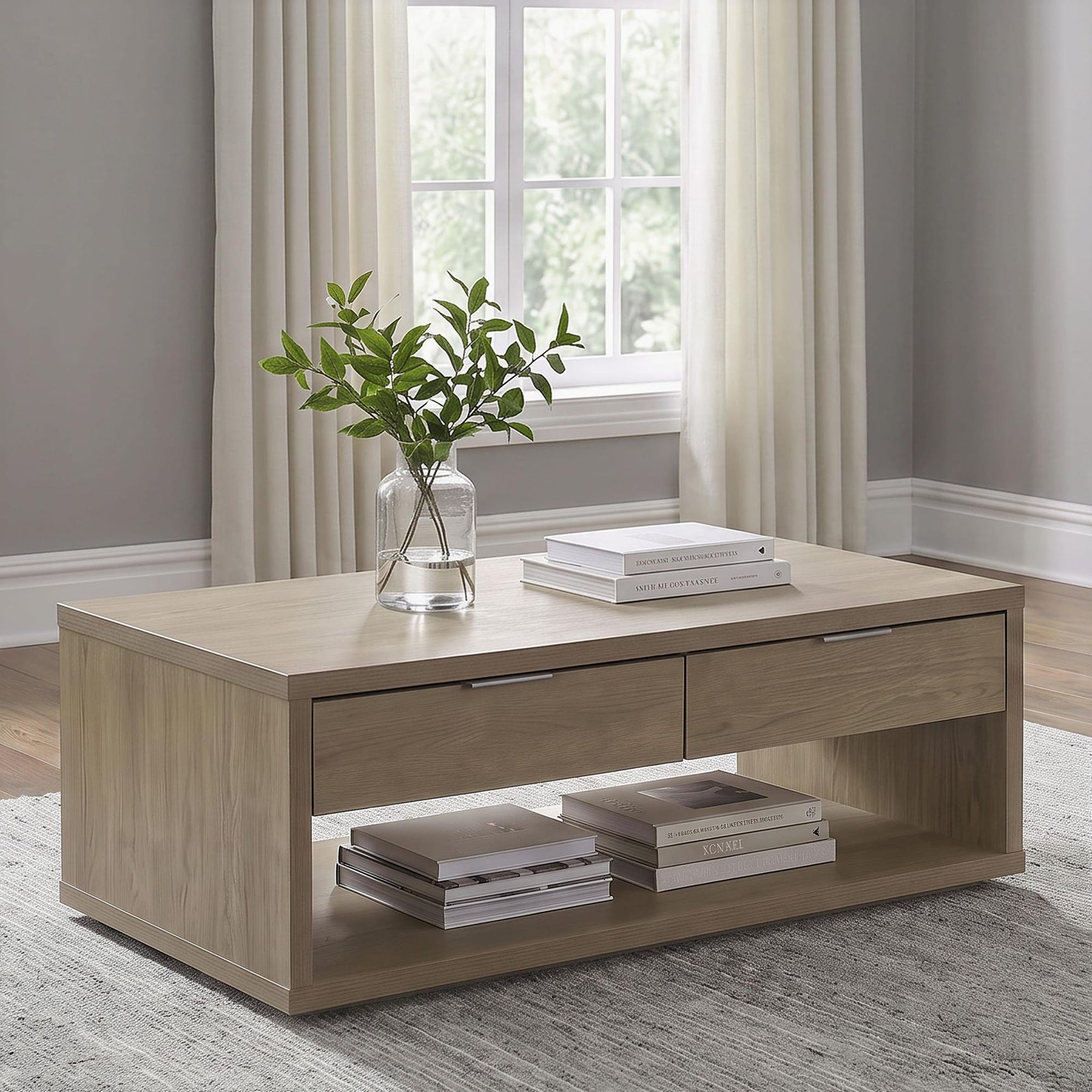 Ingram 2-Drawer Rectangular Coffee Table with Open Shelf Latte view 2