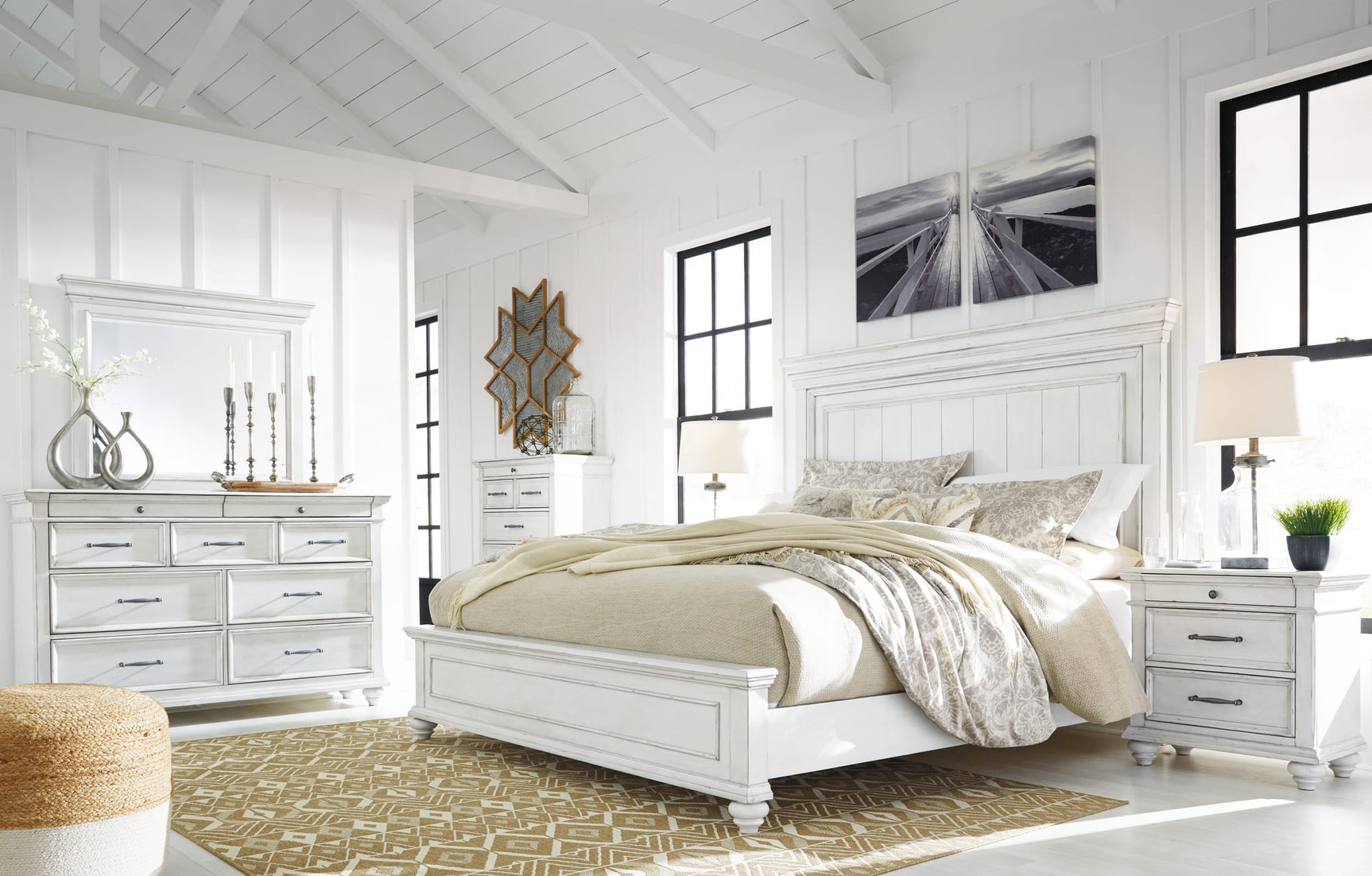 Kanwyn Whitewash Panel Bedroom Set King 3: Bed, Dresser, Mirror from Ella Furniture