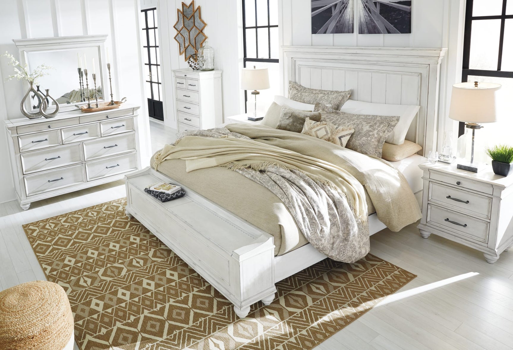 Kanwyn Whitewash Panel Storage Bedroom Set King 3: Bed, Dresser, Mirror from Ella Furniture