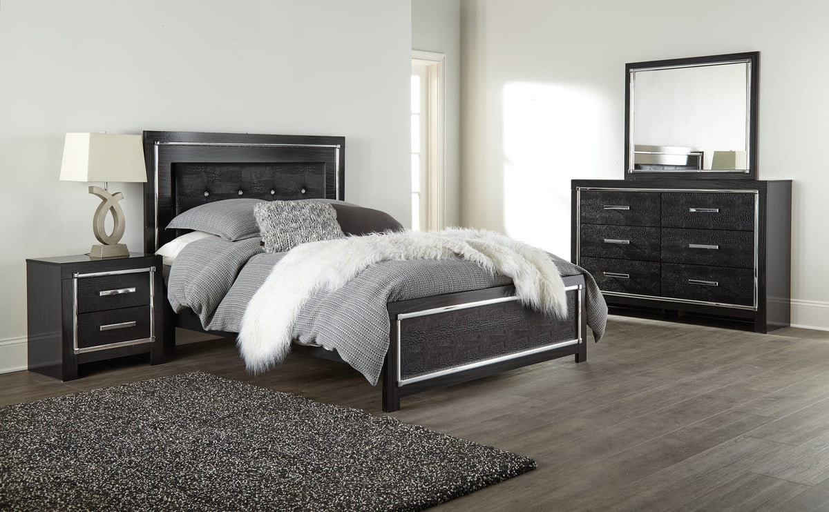 Kaydell Black Upholstered Panel Bedroom Set King 3: Bed, Dresser, Mirror from Ella Furniture