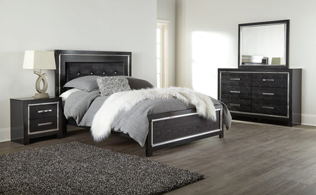Kaydell Black Upholstered Panel Bedroom Set King 3: Bed, Dresser, Mirror from Ella Furniture