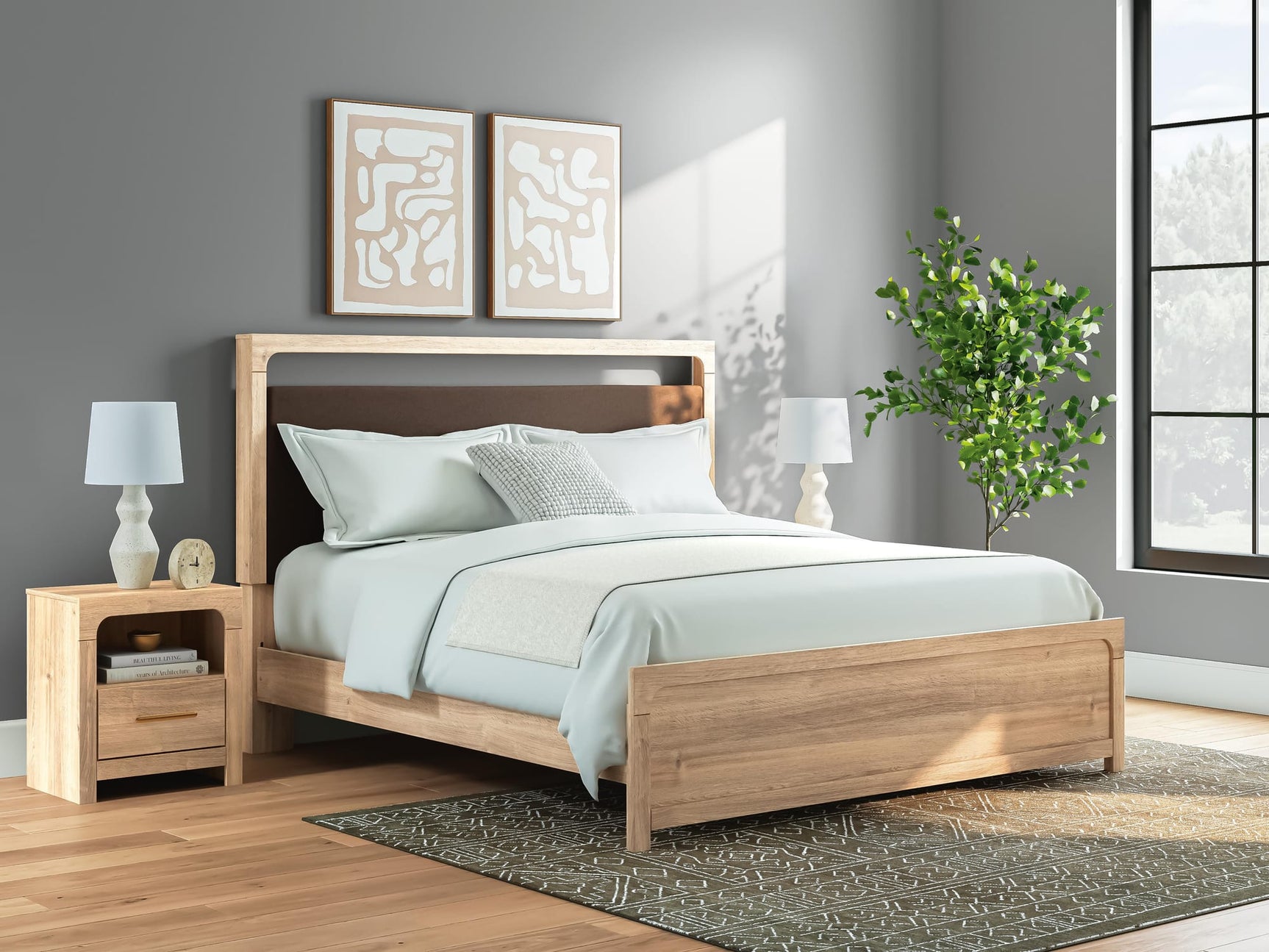 Kinlanni Tan Upholstered Platform Bedroom Set King 3: Bed, Dresser, Mirror from Ella Furniture