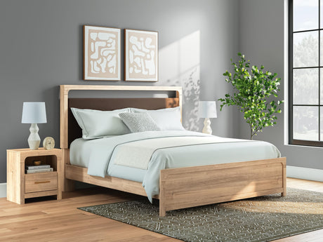 Kinlanni Tan Upholstered Platform Bedroom Set King 3: Bed, Dresser, Mirror from Ella Furniture