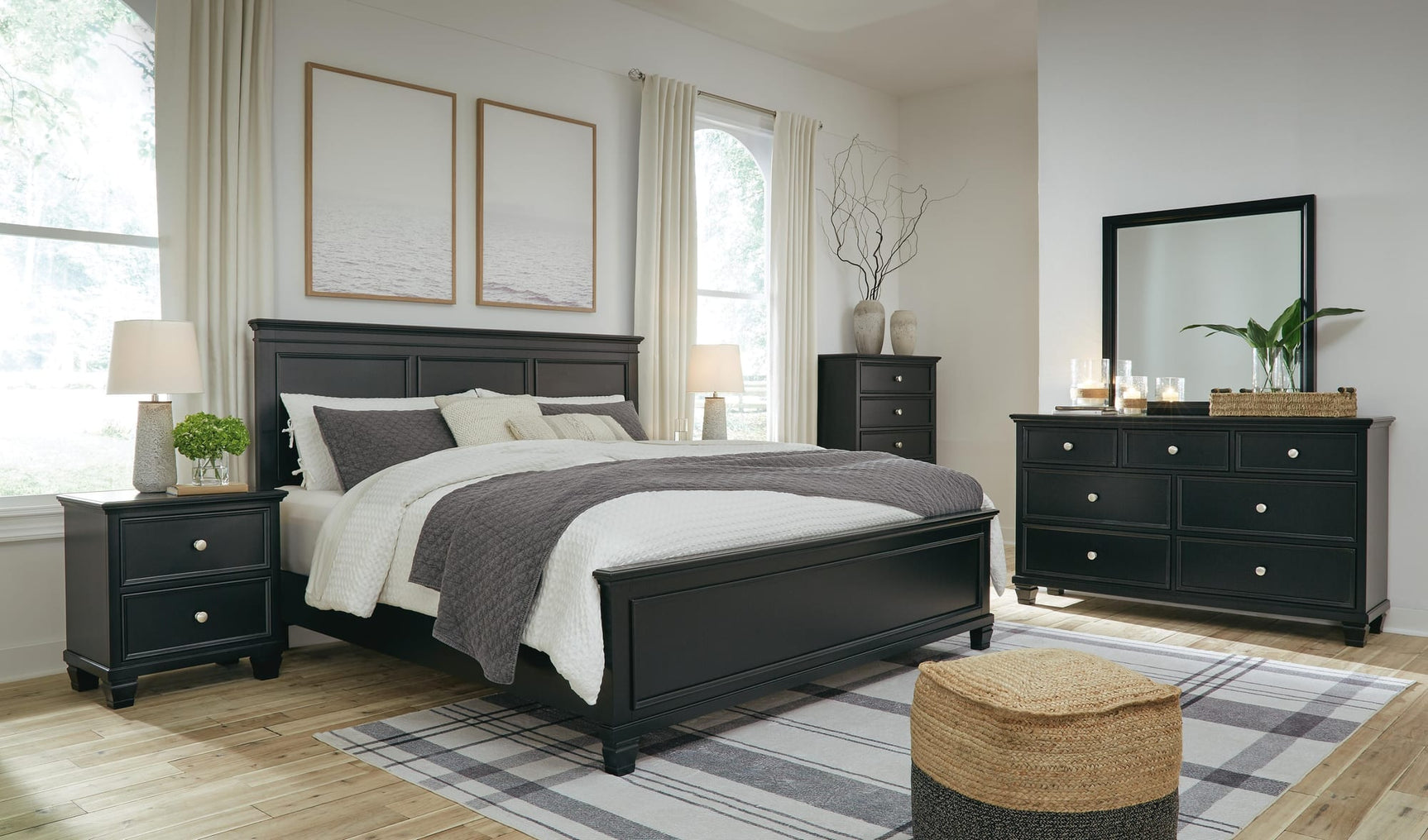 Lanolee Black Panel Bedroom Set King 5: Bed, Dresser, Mirror, Chest, NightStand from Ella Furniture