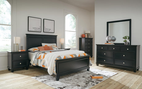 Lanolee Black Panel Bedroom Set Full 5: Bed, Dresser, Mirror, Chest, NightStand from Ella Furniture