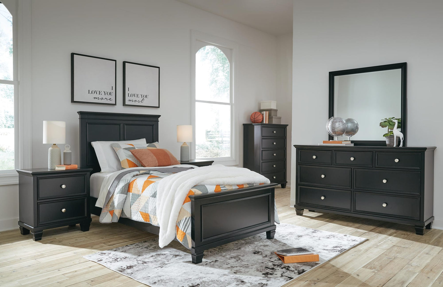 Lanolee Black Panel Bedroom Set Twin 5: Bed, Dresser, Mirror, Chest, NightStand from Ella Furniture