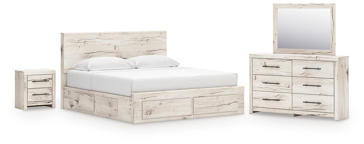 Lawroy Light Natural Panel Bedroom Set — 6-Drawer Footboard and Under-Bed Storage