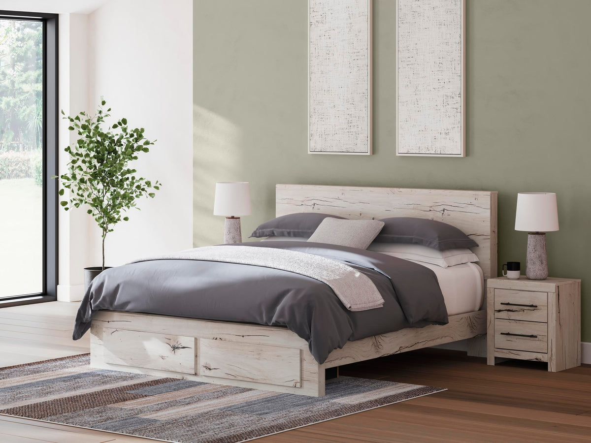 Lawroy Light Natural Panel Bedroom Set — 2-Drawer Footboard Storage