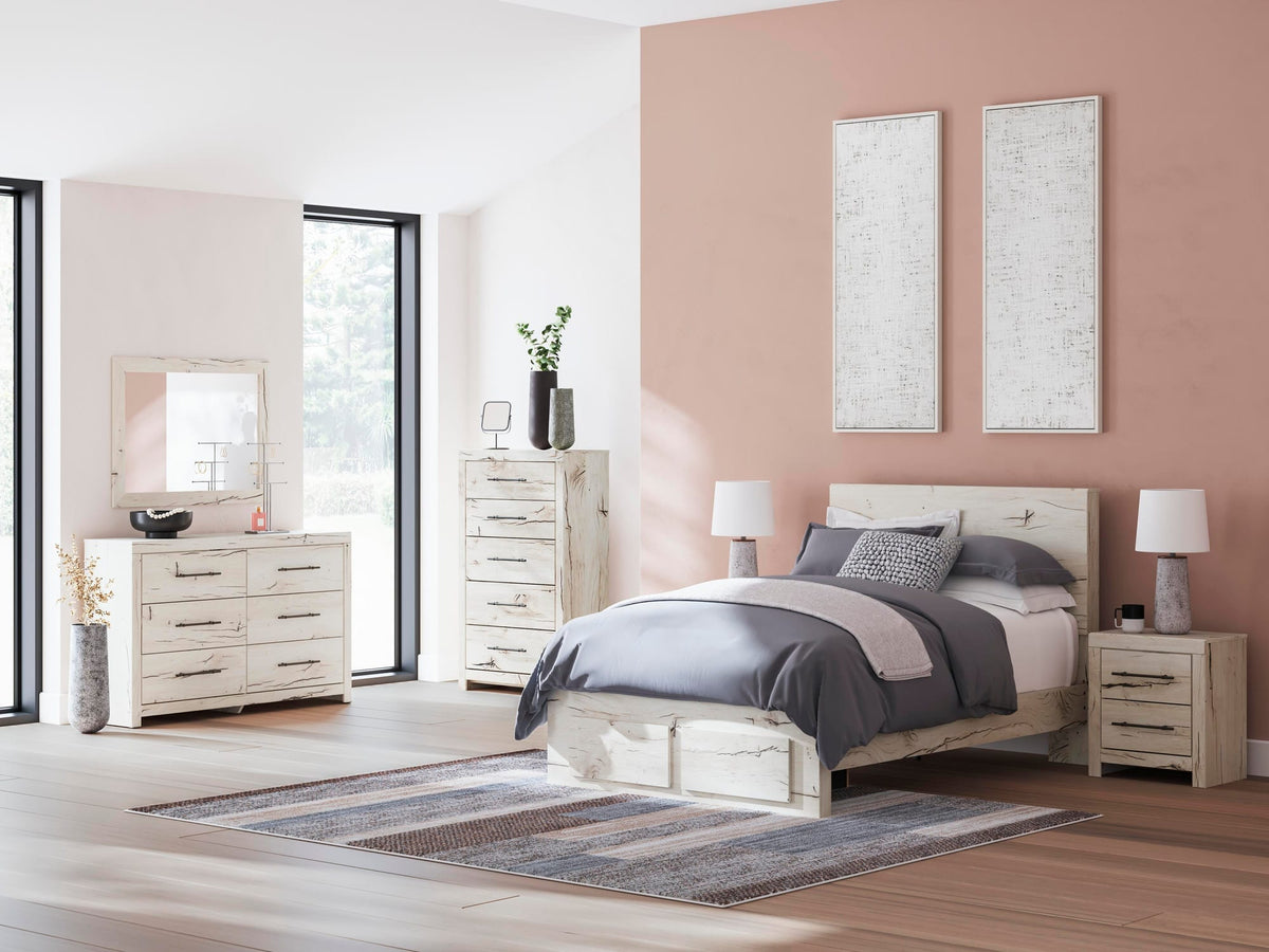 Lawroy Light Natural Panel Bedroom Set — 2-Drawer Footboard Storage