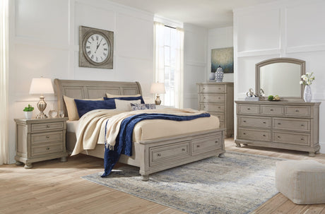 Lettner Light Gray Sleigh 2 Storage Bedroom Set King 3: Bed, Dresser, Mirror from Ella Furniture