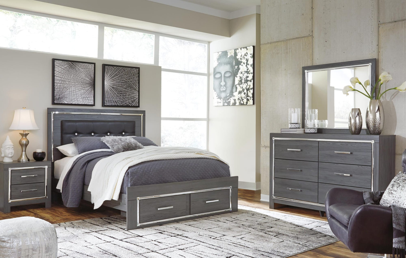 Lodanna Gray Panel Bedroom Set Queen 5: Bed, Dresser, Mirror, Chest, NightStand from Ella Furniture