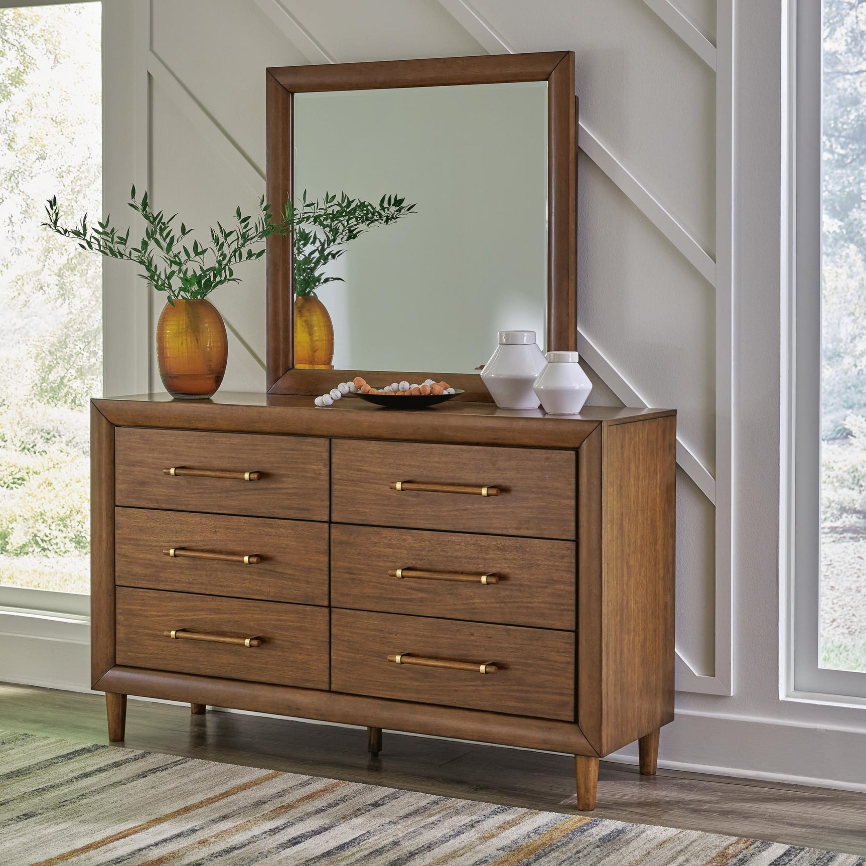 Lyncott Brown Upholstered Panel Bedroom Set Queen 4: Bed, Dresser, Mirror, Chest from Ella Furniture