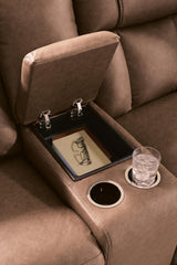 Mackmenville Caramel Faux Leather Reclining Loveseat with Console from Ella Furniture