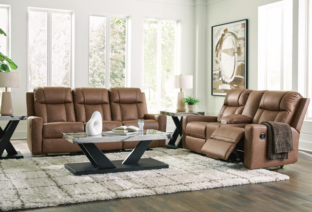 Mackmenville Caramel Reclining Sofa and Reclining Loveseat with Console from Ella Furniture
