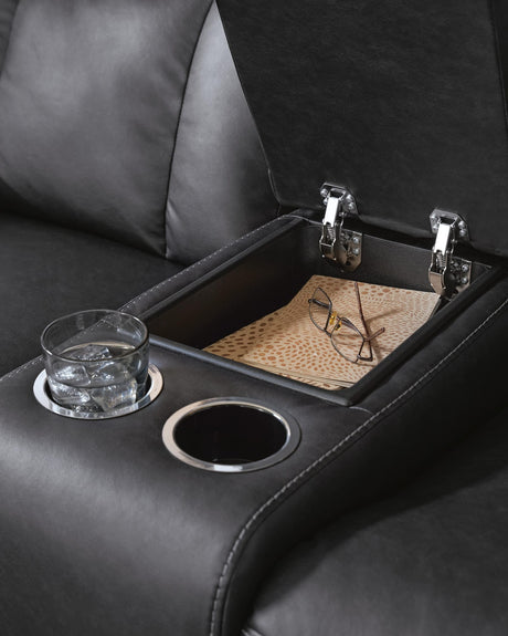 Mackmenville Carbon Faux Leather Reclining Loveseat with Console from Ella Furniture