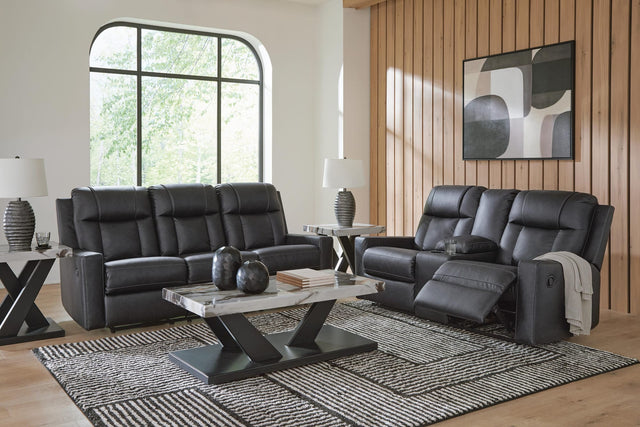 Mackmenville Carbon Reclining Sofa and Reclining Loveseat with Console from Ella Furniture