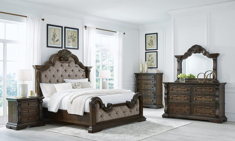 Maylee Dark Brown Upholstered Bedroom Set Queen 3: Bed, Dresser, Mirror from Ella Furniture