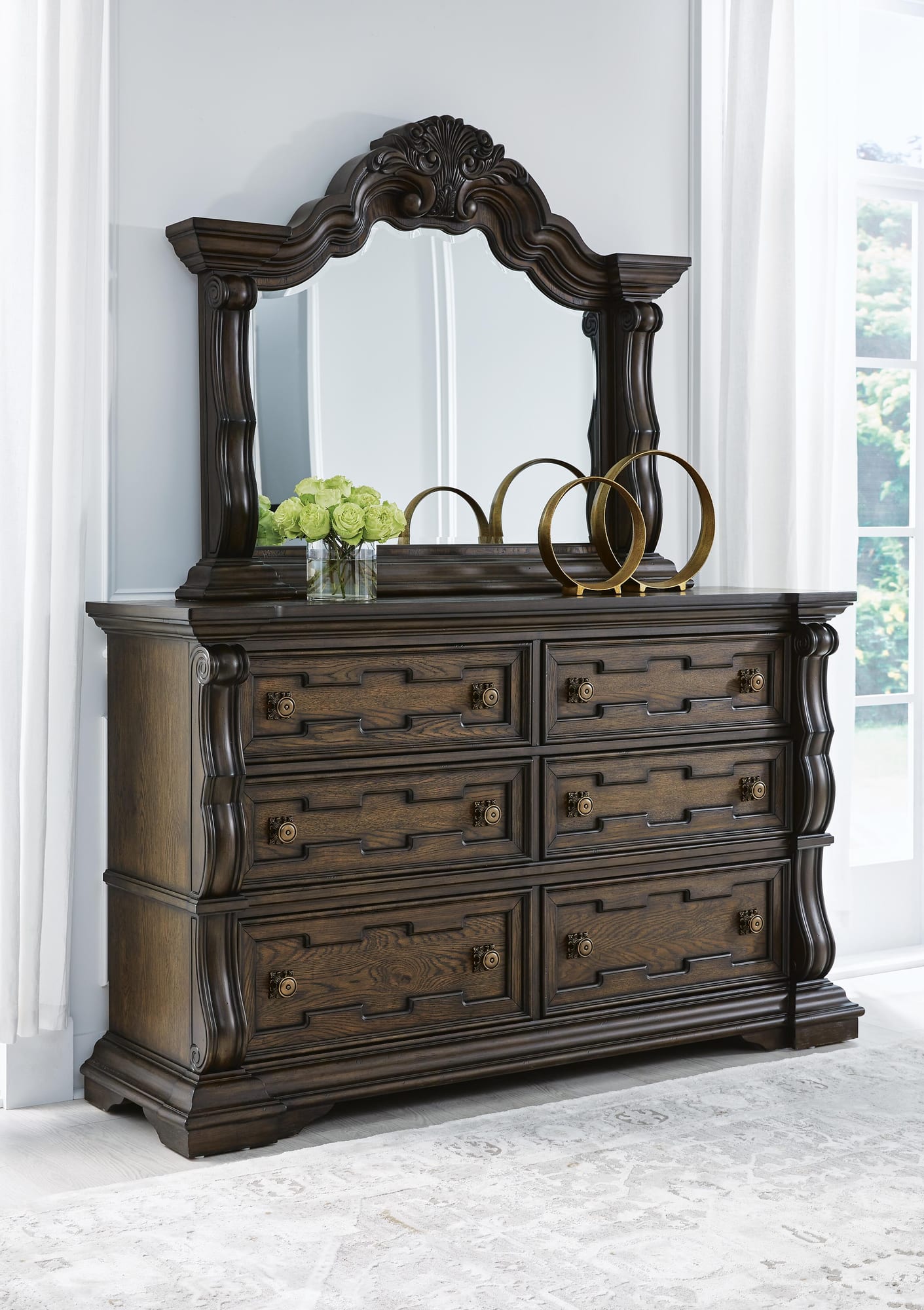 Maylee Dark Brown Upholstered Bedroom Set Queen 4: Bed, Dresser, Mirror, Chest from Ella Furniture