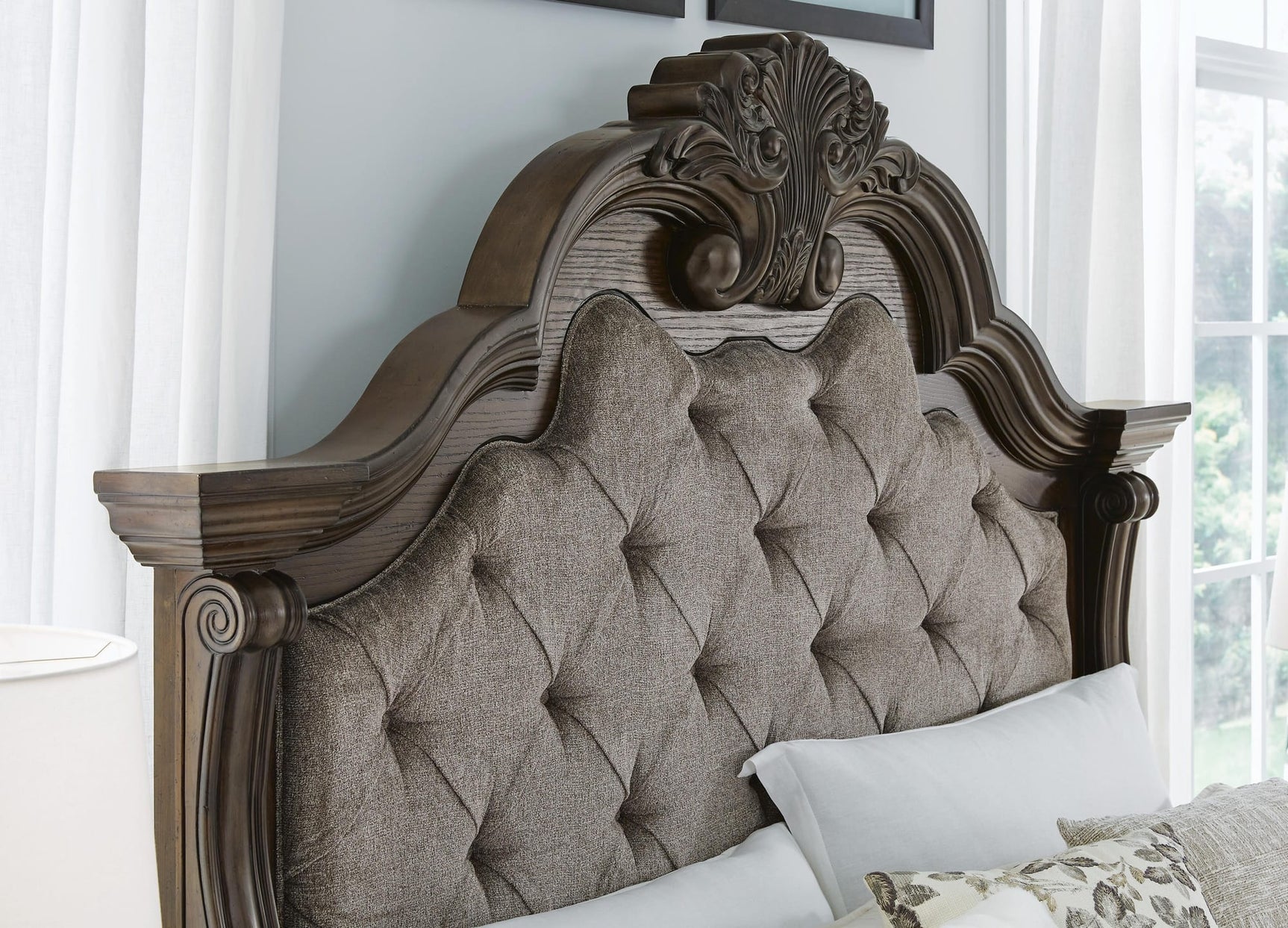 Maylee Dark Brown Upholstered Bedroom Set King 3: Bed, Dresser, Mirror from Ella Furniture