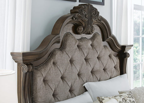 Maylee Dark Brown Upholstered Bedroom Set King 3: Bed, Dresser, Mirror from Ella Furniture