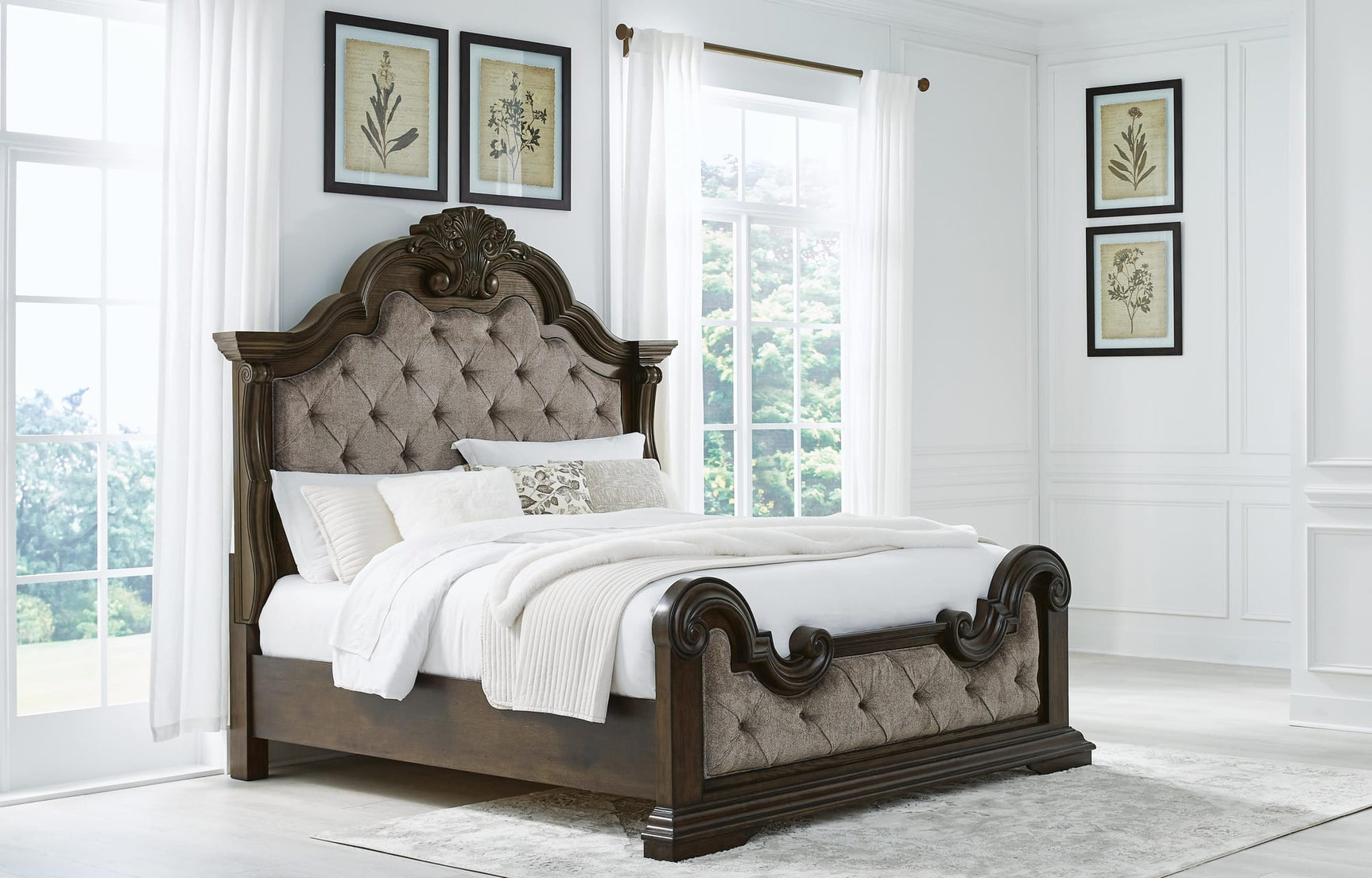 Maylee Dark Brown Upholstered Bedroom Set King 4: Bed, Dresser, Mirror, Chest from Ella Furniture
