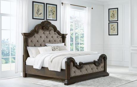 Maylee Dark Brown Upholstered Bedroom Set King 4: Bed, Dresser, Mirror, Chest from Ella Furniture