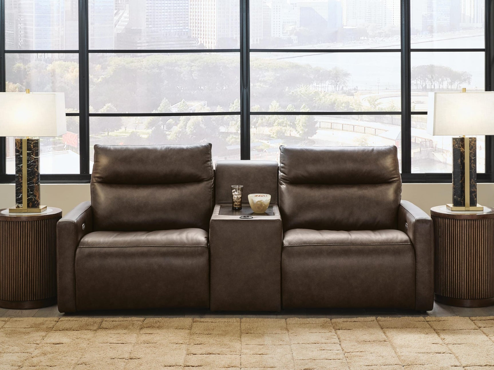 ModZ Chocolate 3-Piece Power Reclining Sectional Loveseat with Audio Console from Ella Furniture