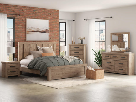 Oliandon Light Brown Panel Bedroom Set King 5: Bed, Dresser, Mirror, Chest, NightStand from Ella Furniture
