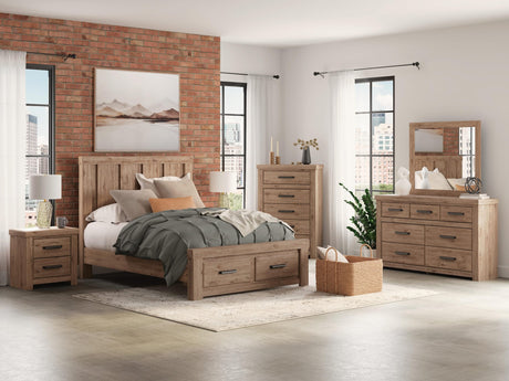 Oliandon Light Brown Panel Storage Bedroom Set Queen 5: Bed, Dresser, Mirror, Chest, NightStand from Ella Furniture
