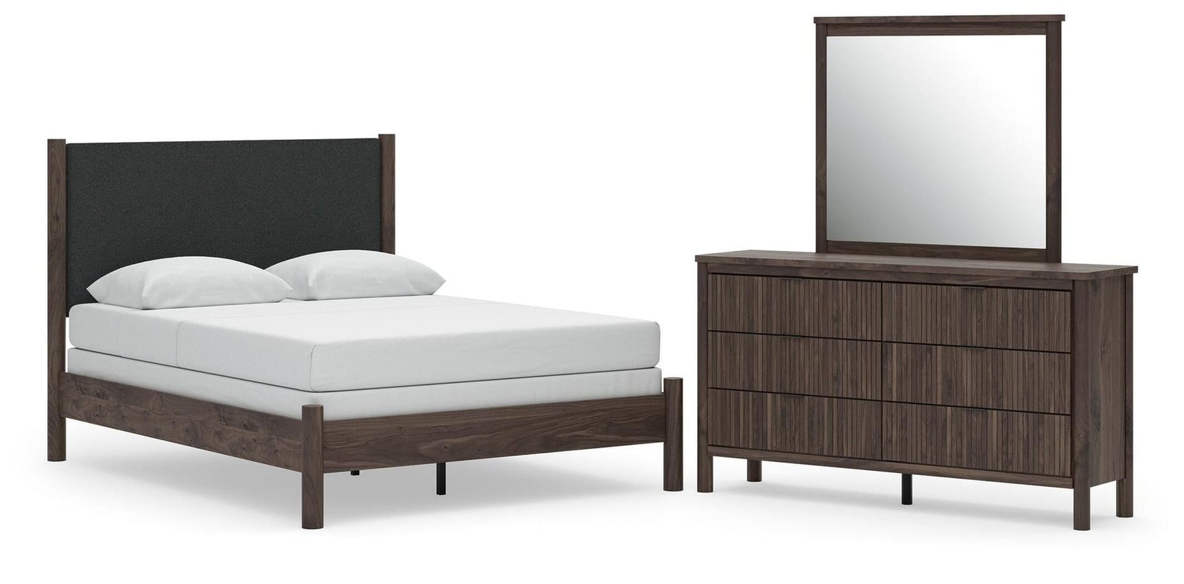 Pamytta Brown Upholstered Panel Bedroom Set Queen 3: Bed, Dresser, Mirror from Ella Furniture